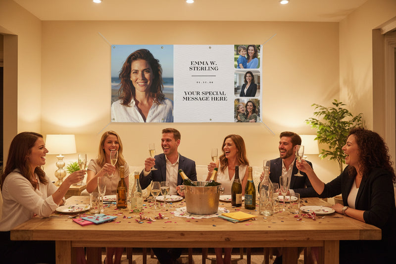 Custom matte photo banner with large portrait, three smaller photos, and space for name and special message hanging above a party table, 72x36 and 48x24 inches.