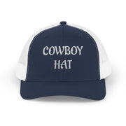 Navy blue and white  trucker hat with 'Cowboy Hat' text on a white background.