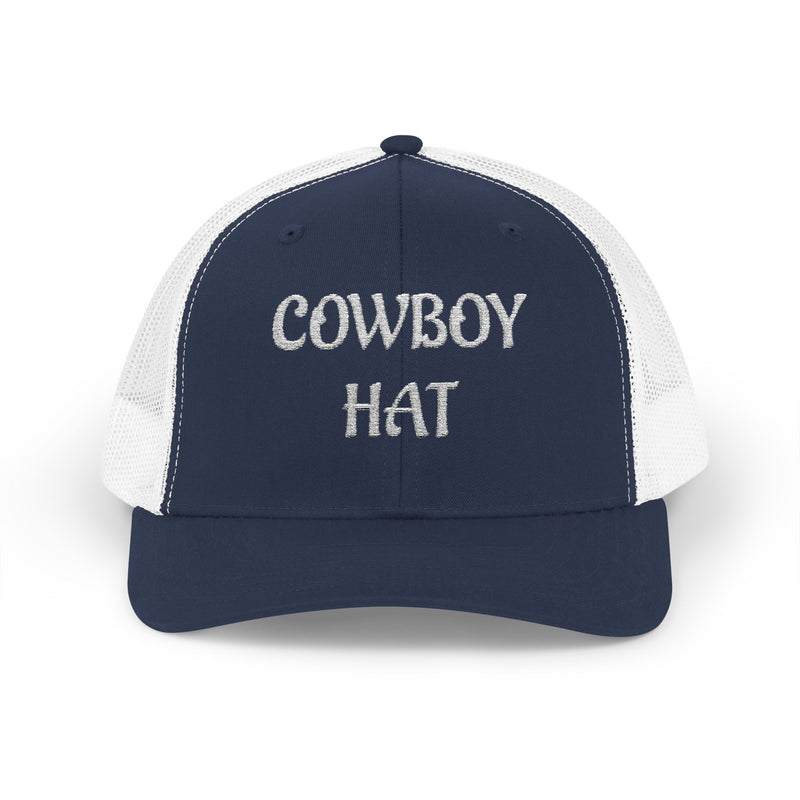 Navy blue and white  trucker hat with 'Cowboy Hat' text on a white background.