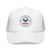 All white trucker hat with 'Celebrating America for 250 Years' design on a white background.