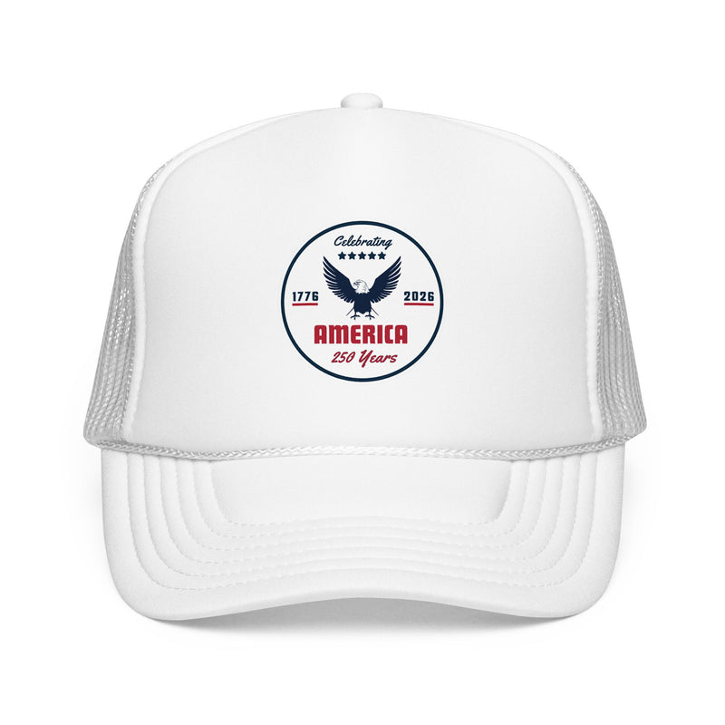 All white trucker hat with 'Celebrating America for 250 Years' design on a white background.