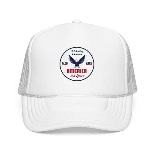 All white trucker hat with 'Celebrating America for 250 Years' design on a white background.