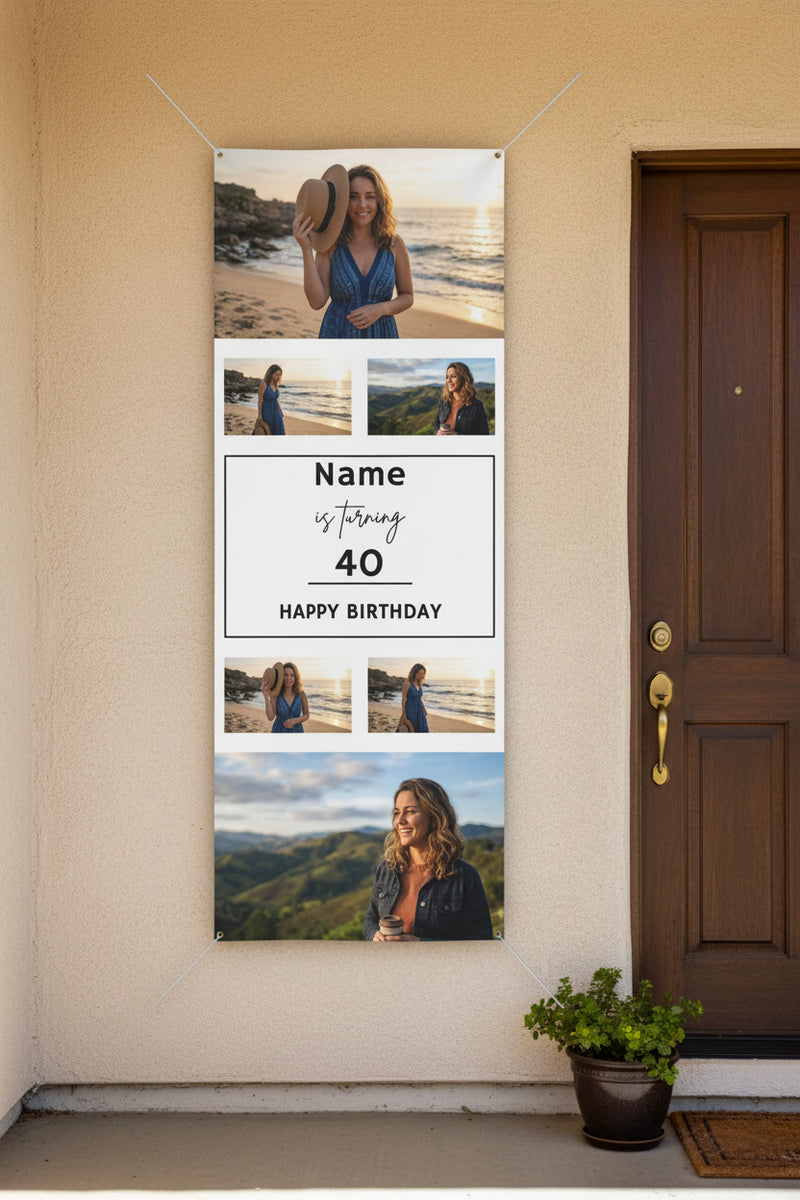 Custom matte vertical photo banner with 6 family photos and center panel for name, age, and date, 36x96 inches.