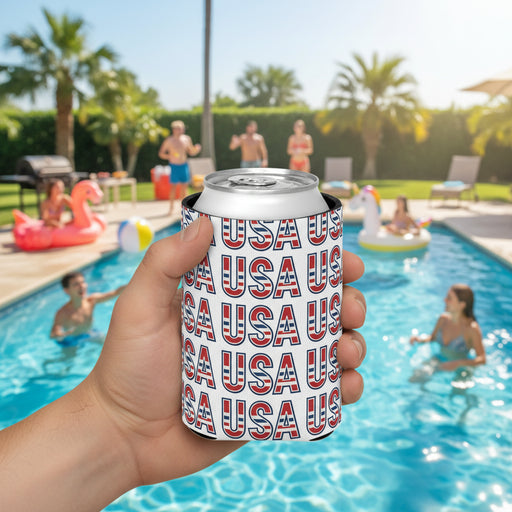 Can cooler with 'USA' pattern displayed in front of a pool party. 