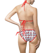 oman wearing a red, white, and blue 'USA' patterned bikini on a white background with red biking strings pictured from the back.