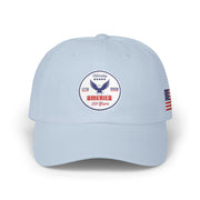 All light blue classic ball cap with a circular emblem featuring an eagle and text , along with the American flag on the side on a white background.
