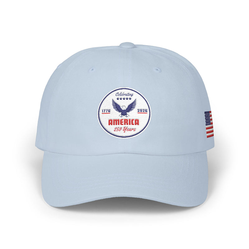 All light blue classic ball cap with a circular emblem featuring an eagle and text , along with the American flag on the side on a white background.