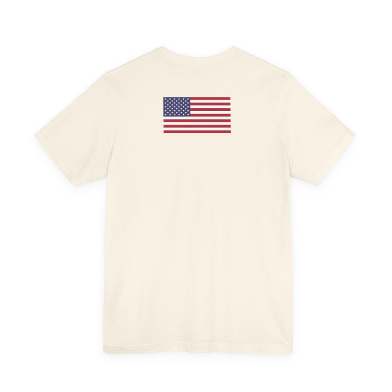 Back of a beige t-shirt with American flag on a white background