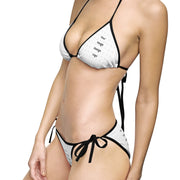 Customizable top and bottom woman's bikini swimsuit with black straps from the left side on a white background.