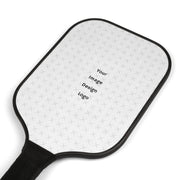 Customizable white pickleball paddle at an angle with black handle on a white background.
