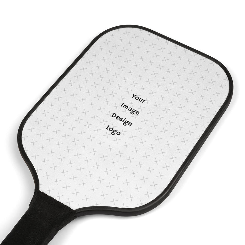 Customizable white pickleball paddle at an angle with black handle on a white background.
