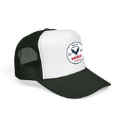 White and green trucker hat with 'Celebrating America for 250 Years' design displayed sideways on a white background.