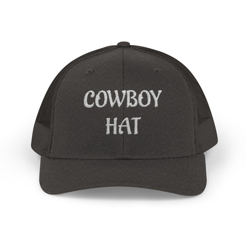All black  trucker hat with 'Cowboy Hat' text on a white background.