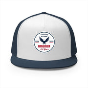 Blue and white flat bill trucker cap with a logo 'celebrating America 250 years' on a white background.