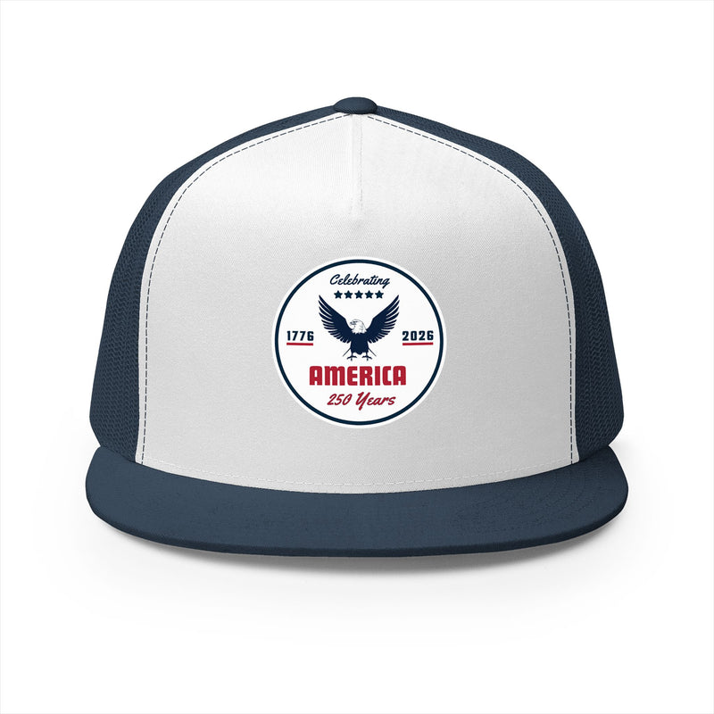 Blue and white flat bill trucker cap with a logo 'celebrating America 250 years' on a white background.