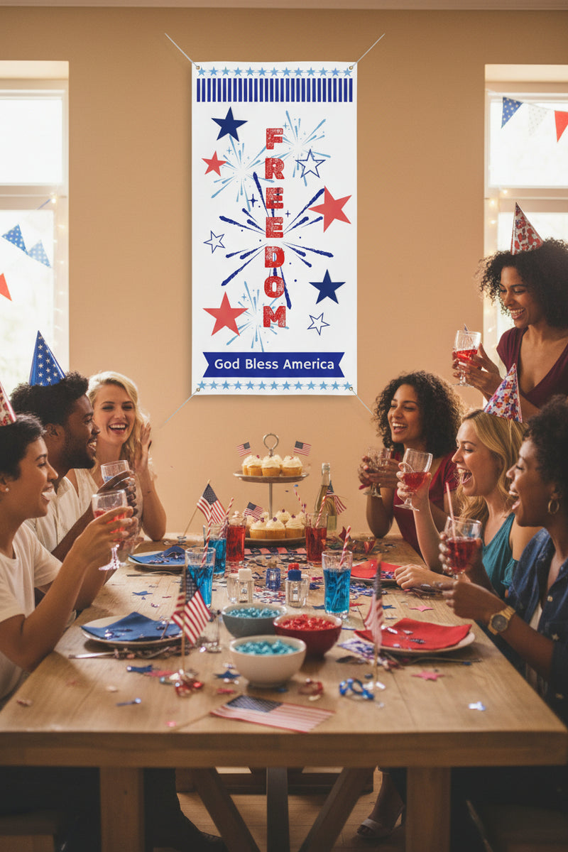 Patriotic vertical matte banner with red white and blue stars, fireworks and the word fireworks 24x48 and 36x72 inches over a table at an indoor party.