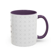 Side view of customizable white mug with purple interior and "your image or design" placeholder on a white background.