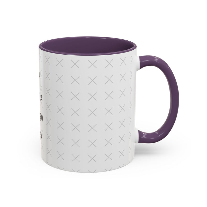 Side view of customizable white mug with purple interior and "your image or design" placeholder on a white background.