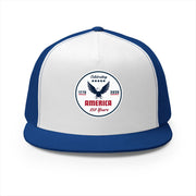 light blue and white flat bill trucker cap with a logo 'celebrating America 250 years' on a white background.