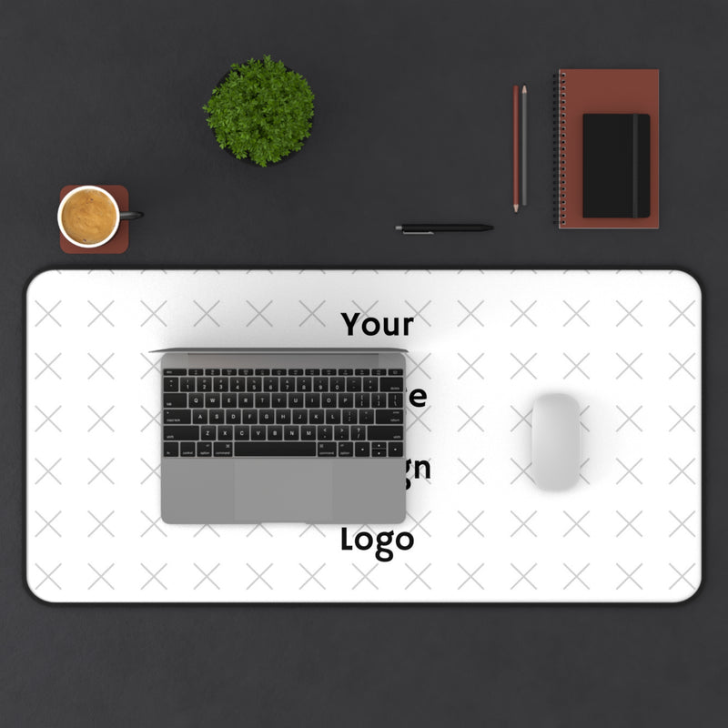 Customizable desk mat image with a "your image here" placeholder on desk with computer. 