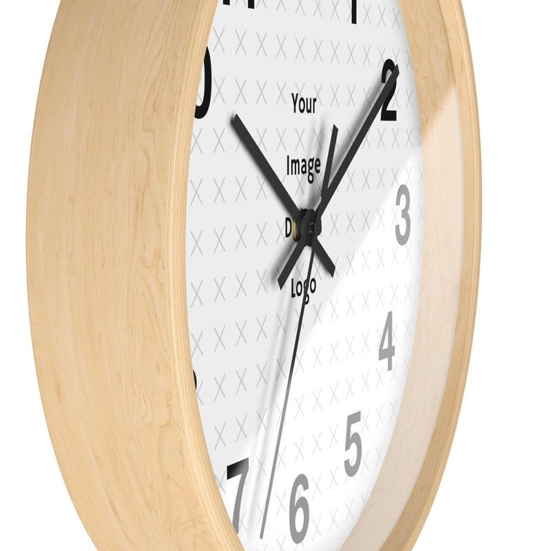 Customizable wall clock side view with wood color frame with a "your image" placeholder on a white background.