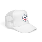 All white trucker hat with 'Celebrating America for 250 Years' design displayed sideways on a white background.