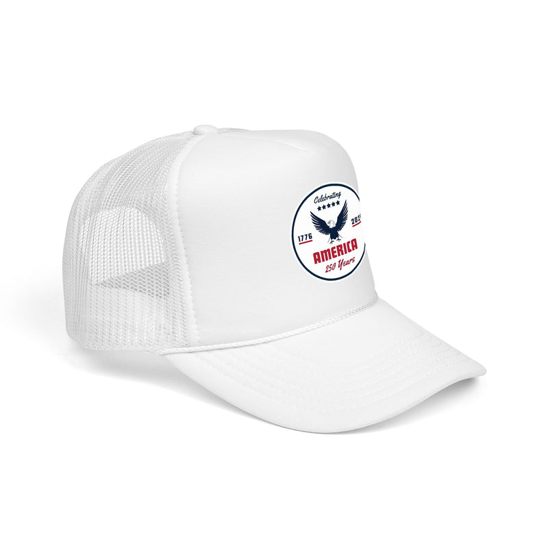 All white trucker hat with 'Celebrating America for 250 Years' design displayed sideways on a white background.