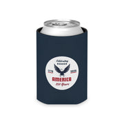 Navy blue can cooler with a can with a white circular design featuring an eagle and America 250 years text on a white background