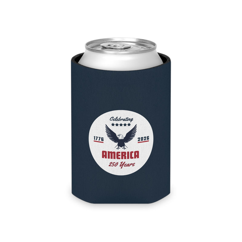 Navy blue can cooler with a can with a white circular design featuring an eagle and America 250 years text on a white background