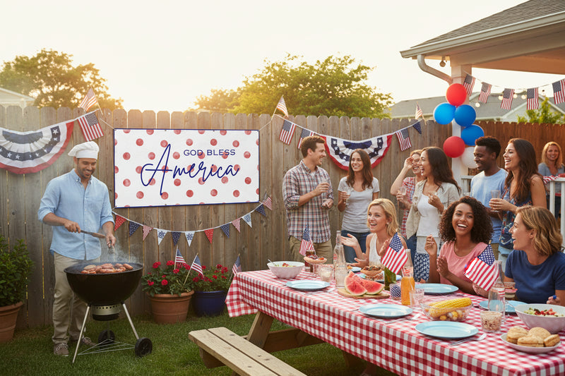 Patriotic “God Bless America” vinyl banner with red polka dot background hanging above a party table on wood fence, 72x36 and 48x24 inches.