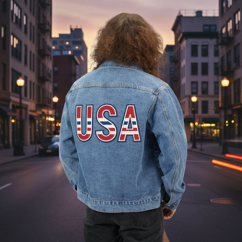 Person wearing a blue denim jacket with 'USA' printed on the back standing in a street scene. 