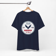Navy blue t-shirt with 'Celebrating America 250 years' graphic and text on a hanger against a white background.