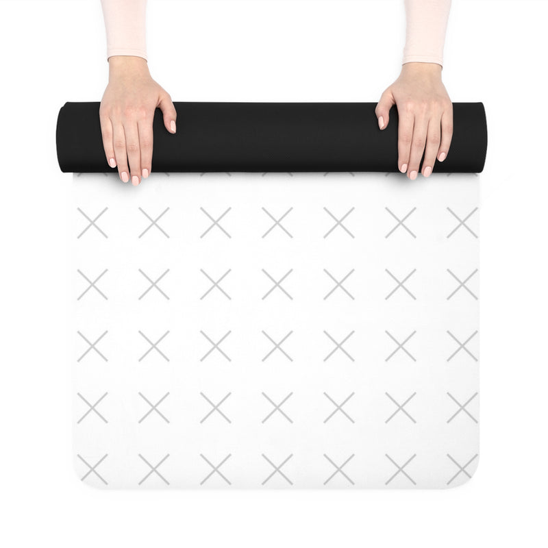 Customizable yoga mat being rolled up with a "your image or design" placeholder on a white background. 