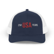 Navy and white cap with 'USA 250 YEARS' text on a white background