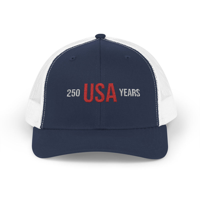 Navy and white cap with 'USA 250 YEARS' text on a white background