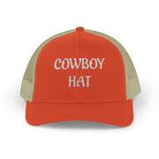 Orange and beige trucker hat with 'Cowboy Hat' text on a white background.
