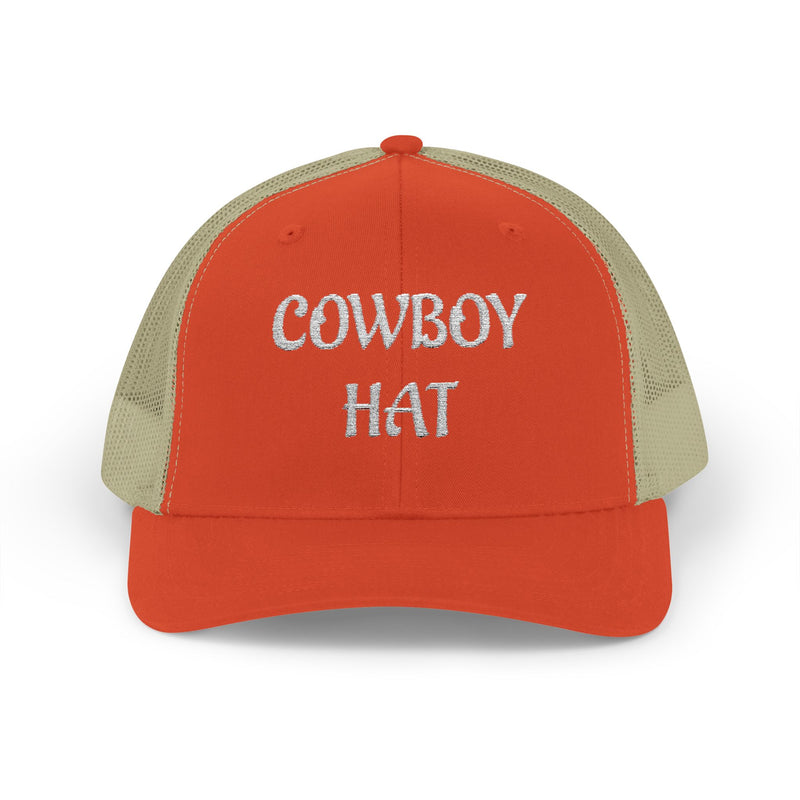 Orange and beige trucker hat with 'Cowboy Hat' text on a white background.