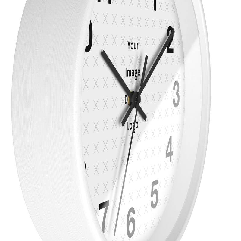 Customizable wall clock side view with white frame with a "your image" placeholder on a white background.