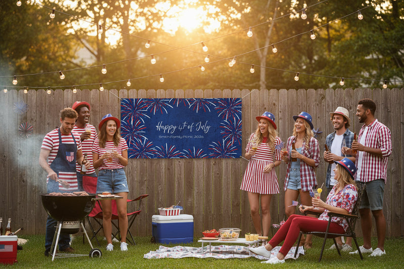 Custom patriotic “Happy 4th of July” vinyl banner with blue stripes and red and blue stars hanging on fence at a party, 48x24 and 72x36 inches.