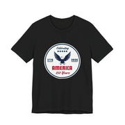 Black t-shirt with 'Celebrating America 250 years' graphic and text against a white background.
