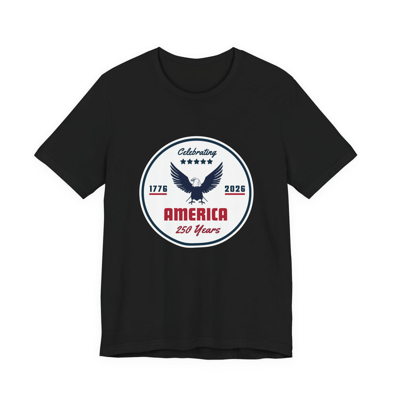 Black t-shirt with 'Celebrating America 250 years' graphic and text against a white background.