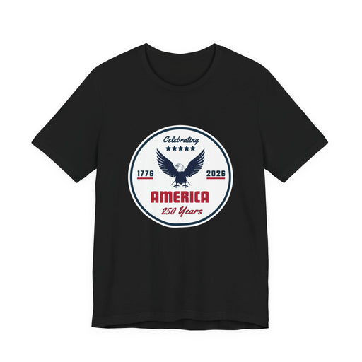 Black t-shirt with 'Celebrating America 250 years' graphic and text against a white background.