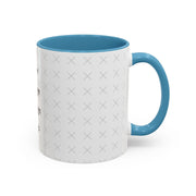 Side view of customizable white mug with blue interior and "your image or design" placeholder on a white background.