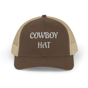 Brown and light brown trucker hat with 'Cowboy Hat' text on a white background.