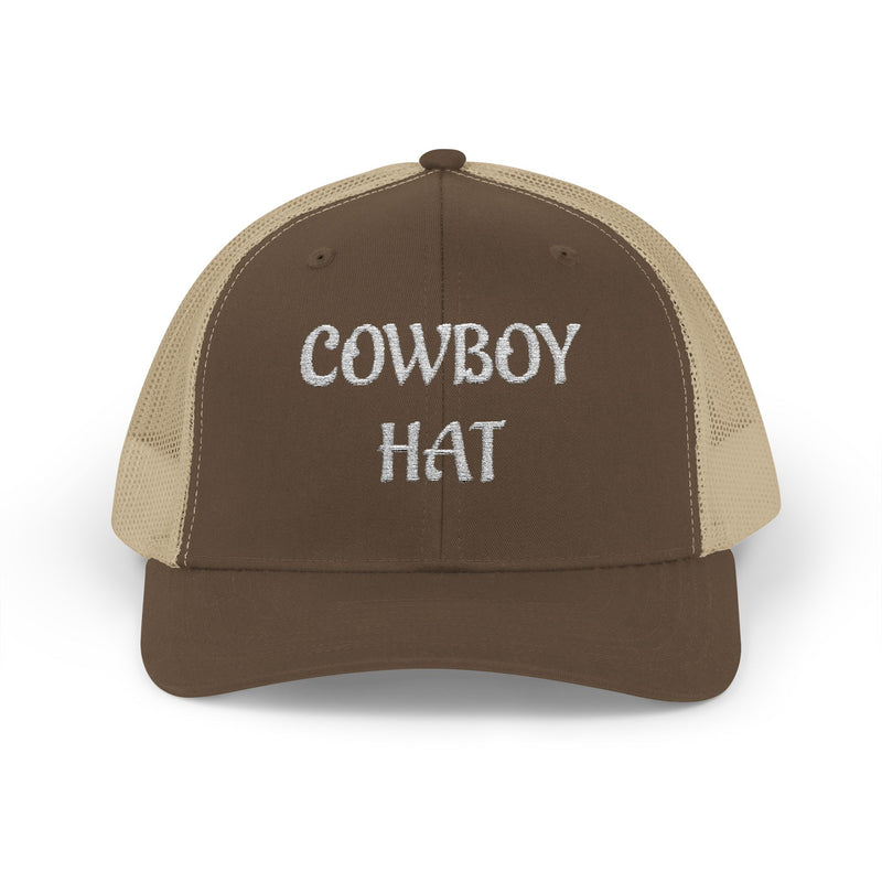 Brown and light brown trucker hat with 'Cowboy Hat' text on a white background.