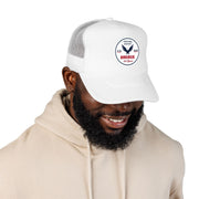 All white trucker hat with 'Celebrating America for 250 Years' design displayed on man on a white background.