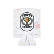 Can cooler with 'Trophy Husband' design on a faded red white and blue firework display on a white background.