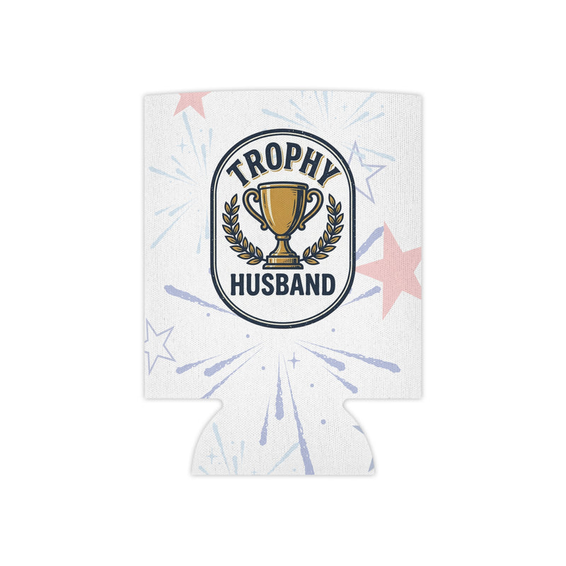 Can cooler with 'Trophy Husband' design on a faded red white and blue firework display on a white background.