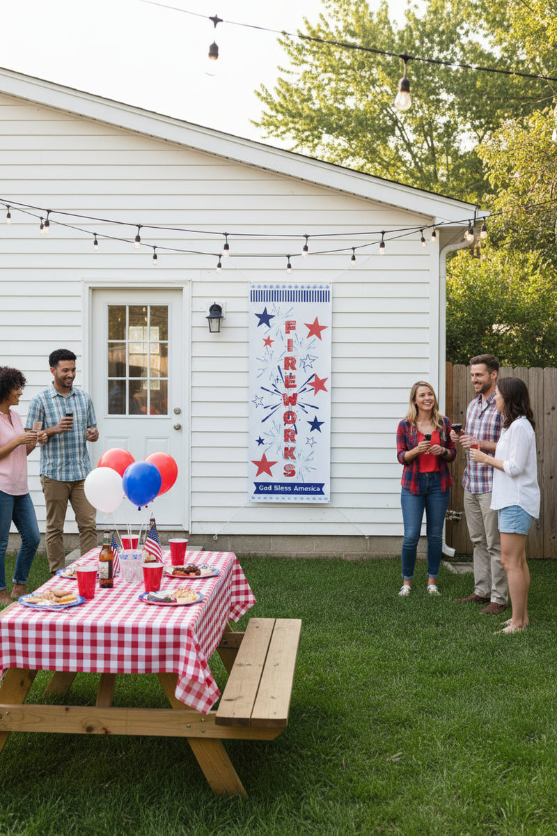 Patriotic vertical matte banner with red white and blue stars, fireworks and the word fireworks 36x96 inches on back of house.