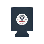 Navy blue can cooler with a white circular design featuring an eagle and America 250 years text on a white background.